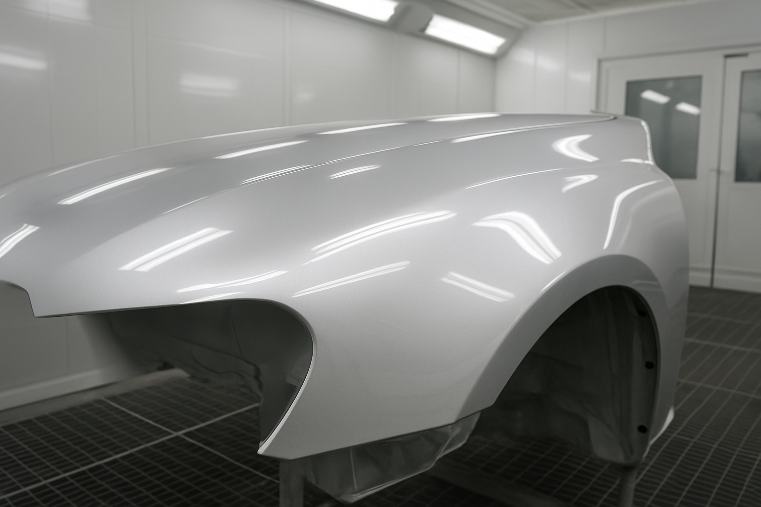 Freshly painted car fender in a professional auto body paint booth showing flawless color matching