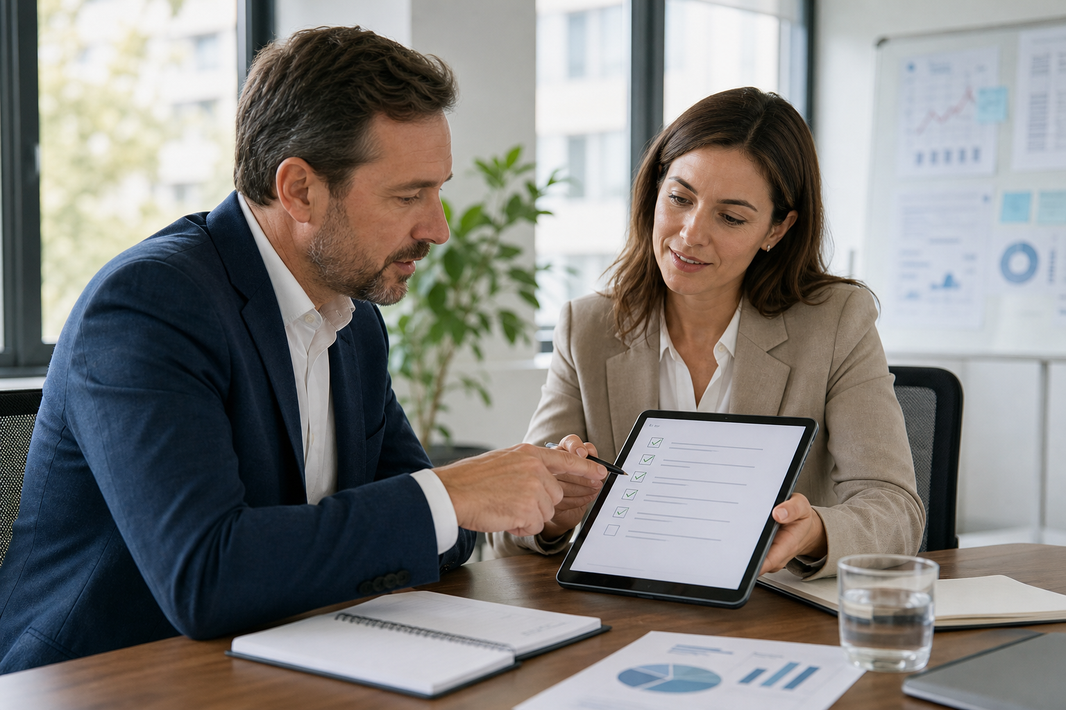 HR consultant and small business manager discussing compliance findings during a meeting