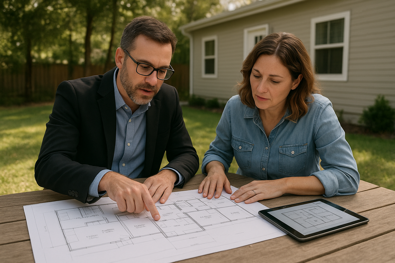 Homeowner and contractor reviewing floor plans for a prefab home project