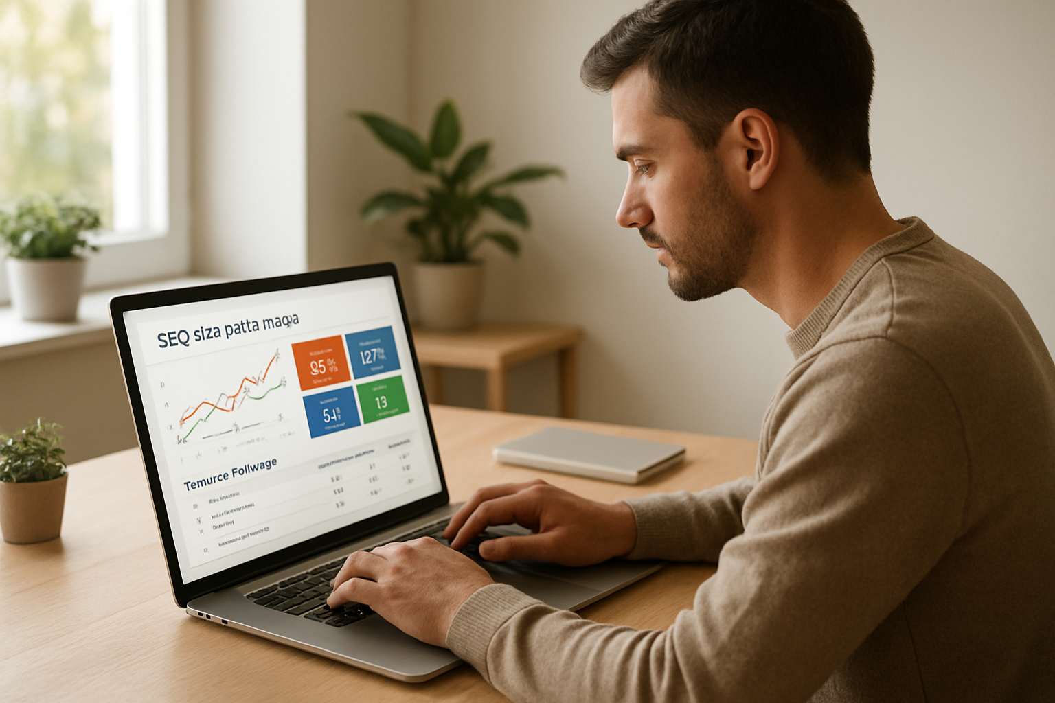 Entrepreneur using AI-powered intelligent SEO tools on a laptop to improve website rankings
