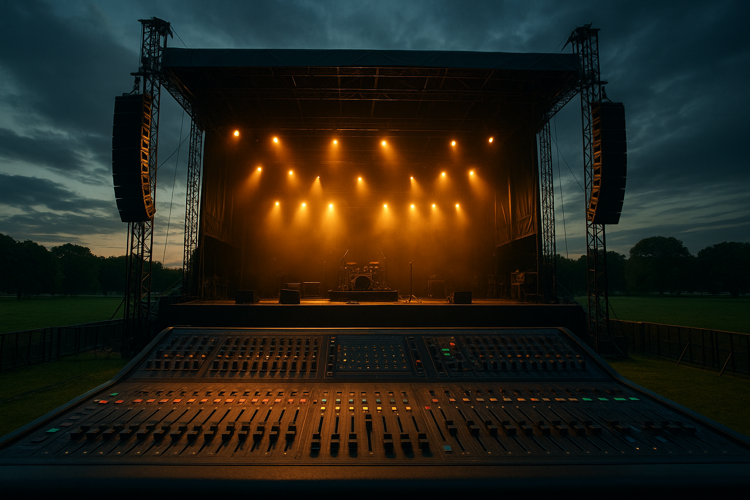 Professional sound system rental setup at an outdoor concert with line array speakers and mixing console