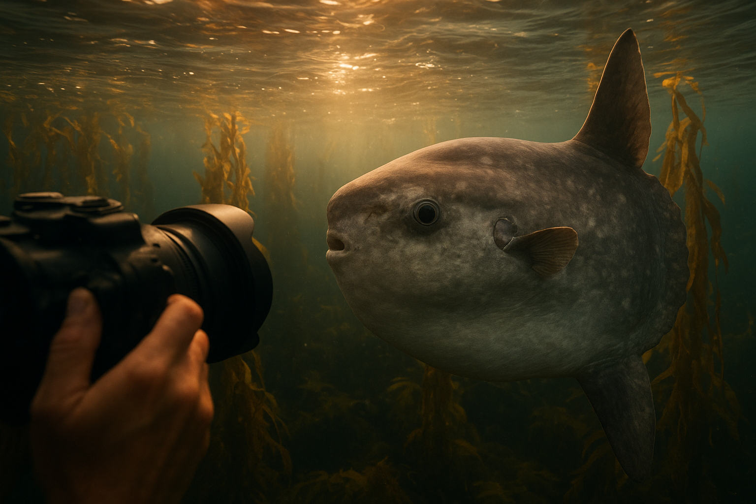 Photographer focusing on an ocean sunfish during a San Diego snorkel excursion near kelp