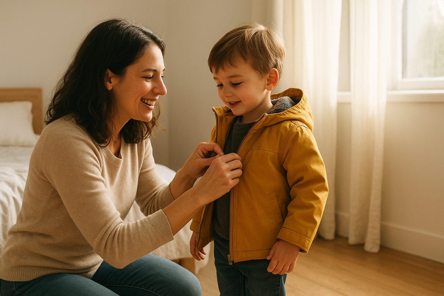 Parent fitting a child for a seasonal jacket while building a stylish seasonal kids wardrobe