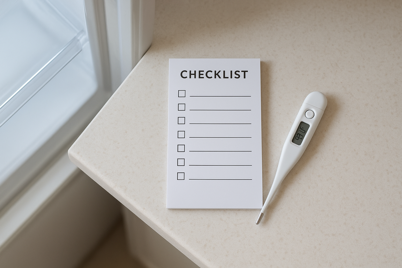 Checklist and thermometer used for step by step fridge diagnostics