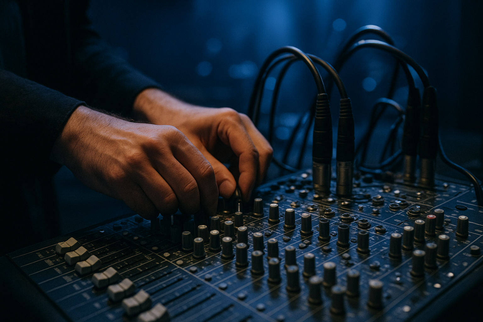 Technician adjusting an audio mixer as part of an AV equipment rental setup before an event