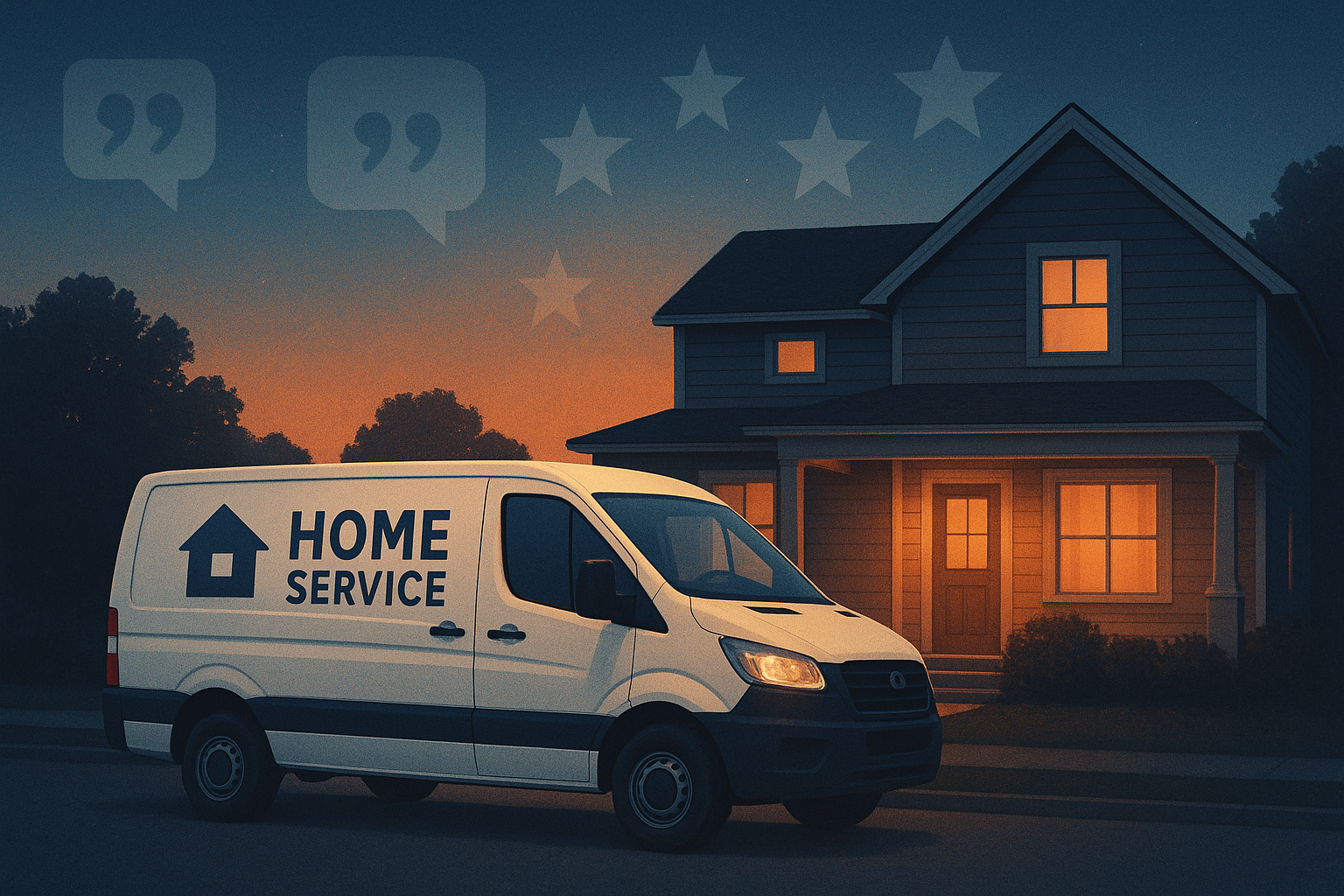 Conceptual illustration of a local home service business surrounded by public customer review quotes