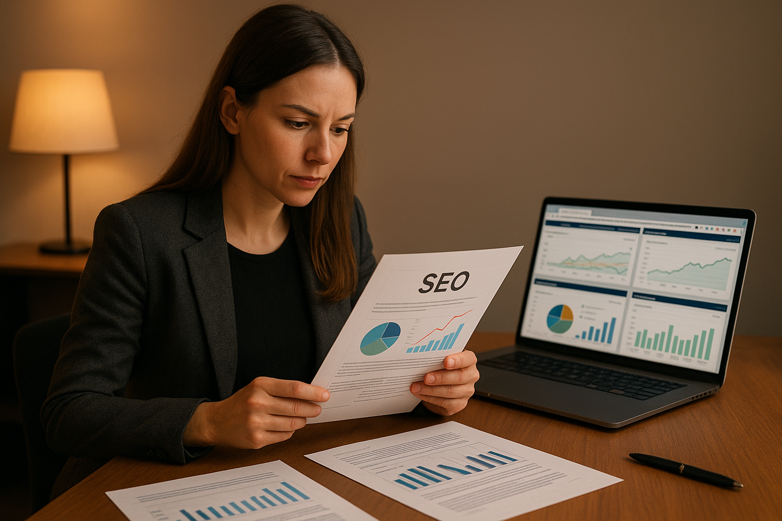 Content strategist reviewing multi-site SEO reports and analytics for portfolio management