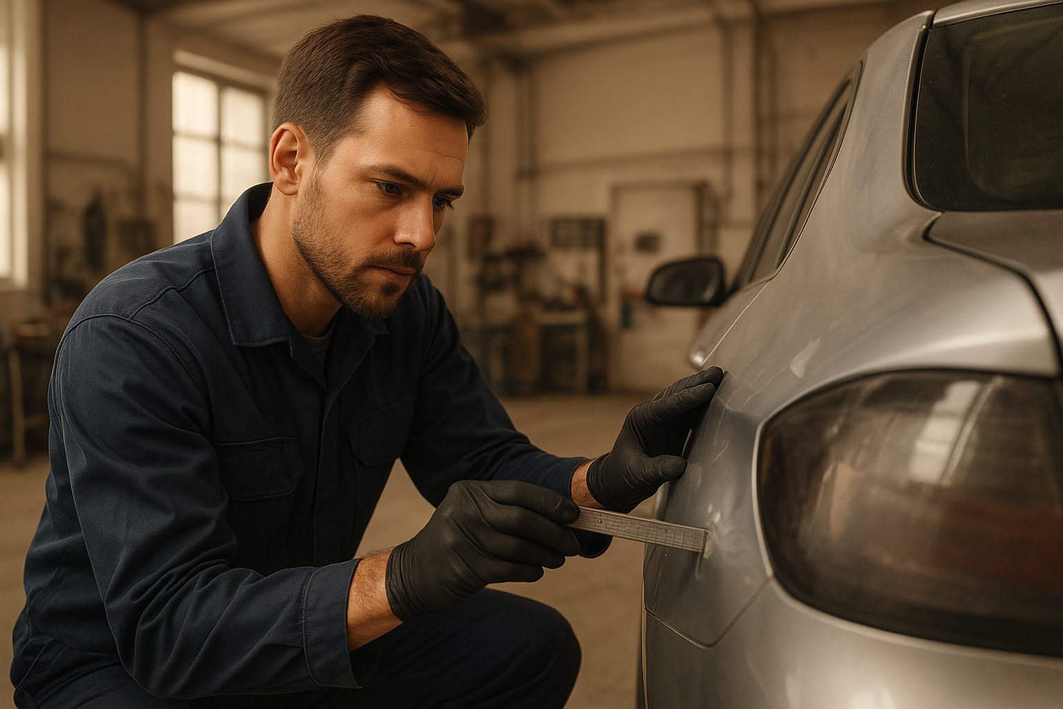 Technician inspecting vehicle damage as part of Brea car restoration services