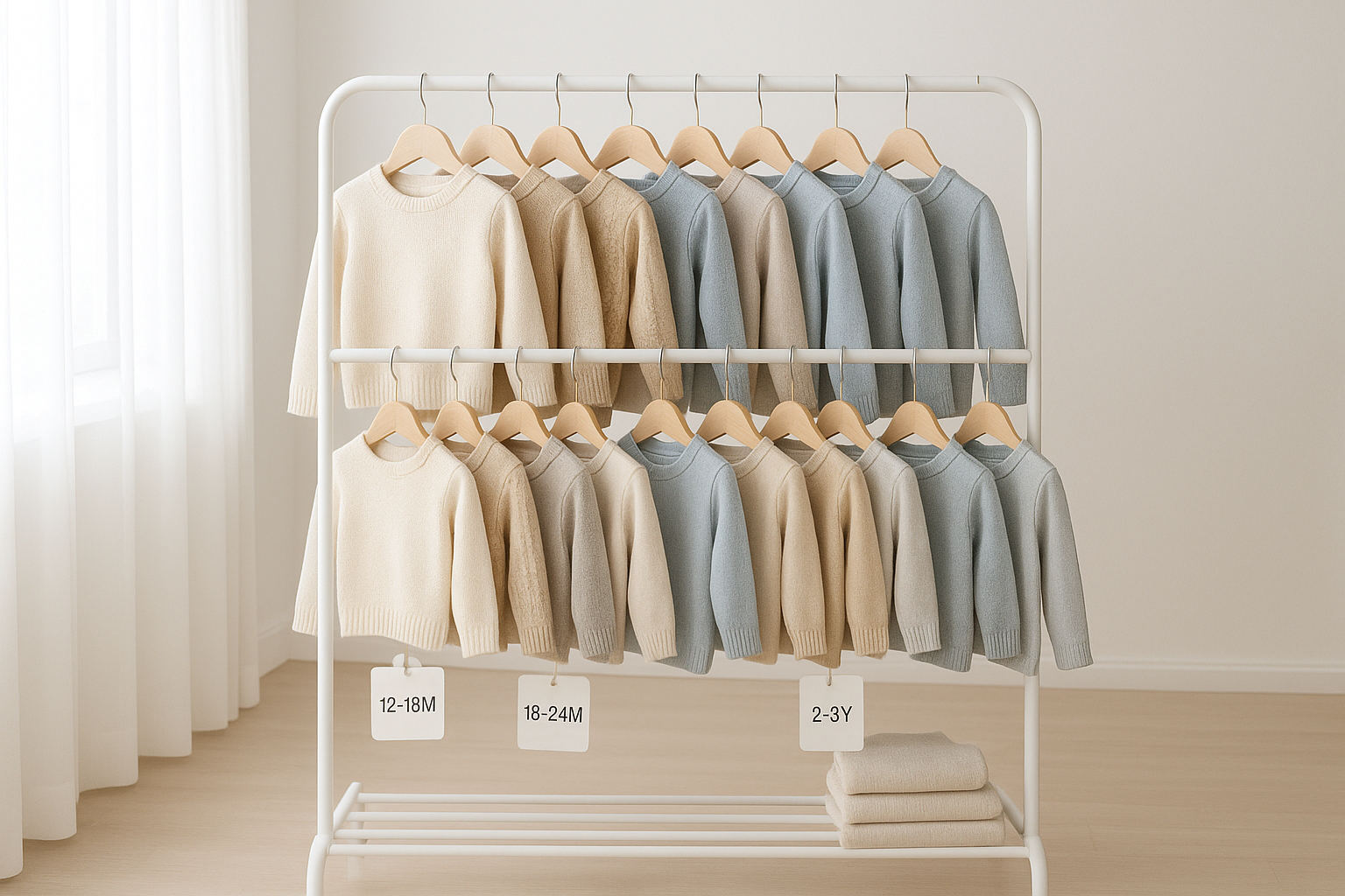 Organized rack of premium children's clothing used for a rotating rental wardrobe