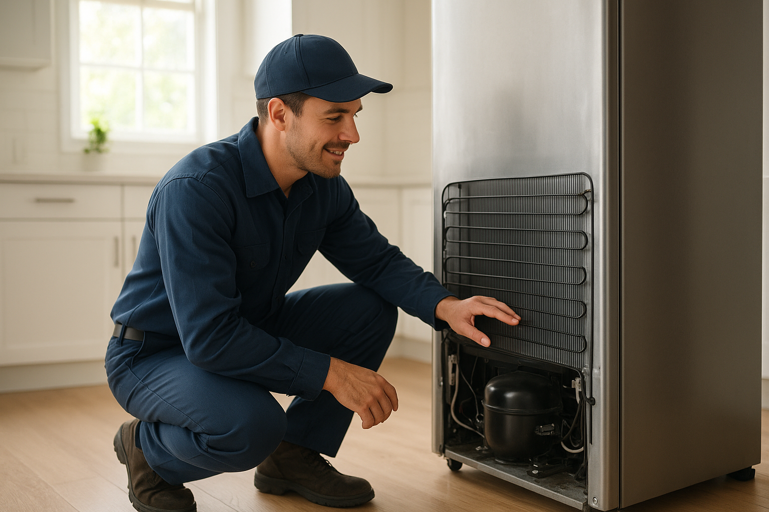 Technician performing affordable appliance repair on a kitchen refrigerator