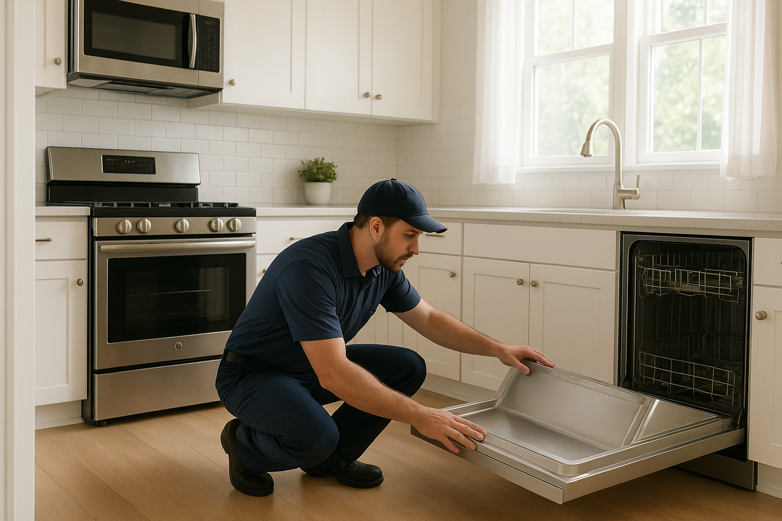 Technician inspecting a dishwasher during a residential appliance repair visit in Sonoma County