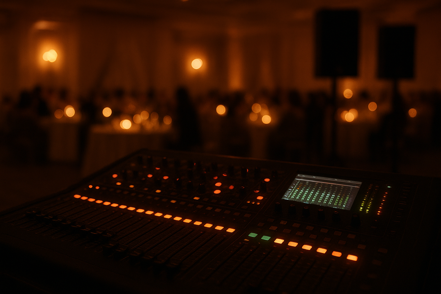 Live event audio solutions mixing console set up at a wedding reception