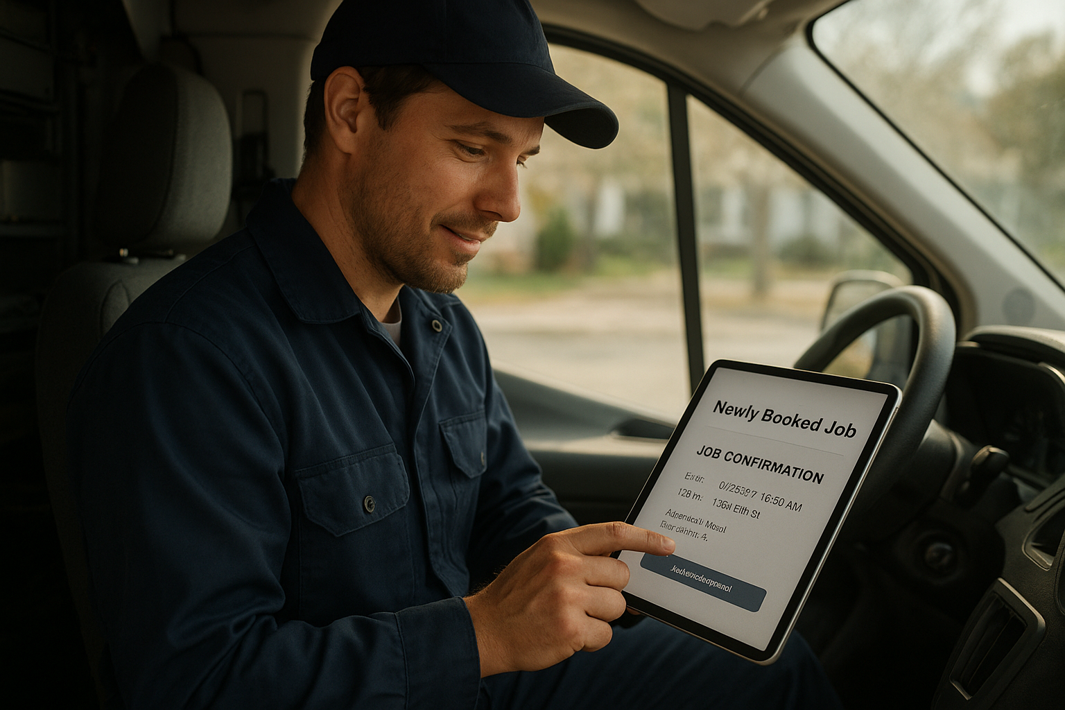 Technician viewing a newly booked appointment confirmation on a tablet inside a service van