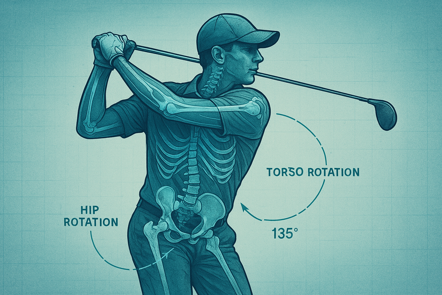 Biomechanical diagram overlay showing hip and torso rotation during a golf downswing