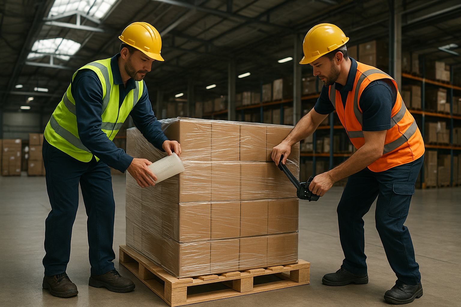 Warehouse team preparing a pallet as part of professional packing and shipping services