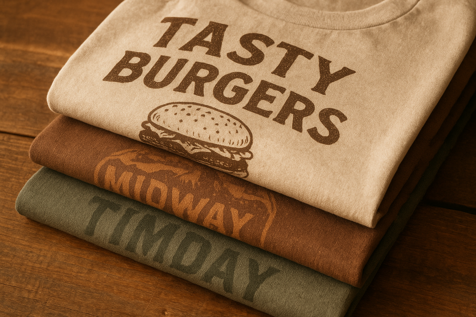 Stack of premium fabric custom t-shirts showing soft cotton texture and screen-printed graphic detail