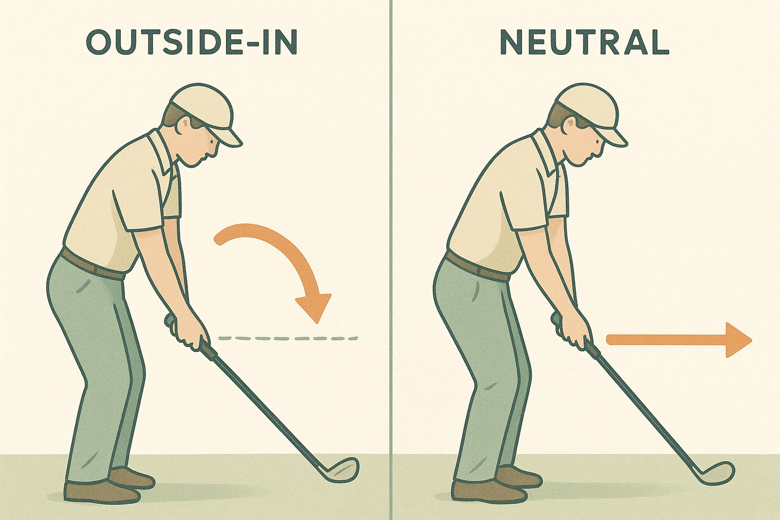 Diagram comparing outside-in and neutral golf swing path directions relative to the target line