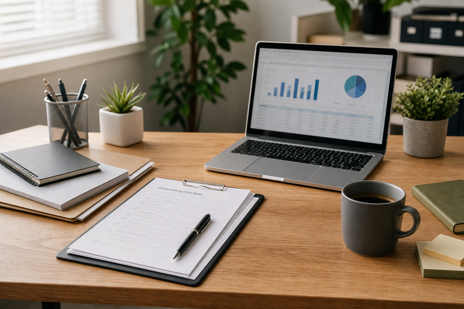 Organized onboarding paperwork and laptop representing scalable HR administration support