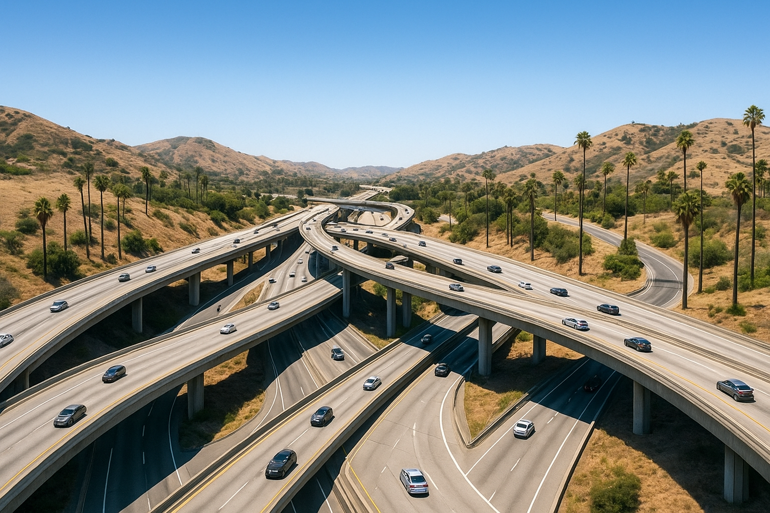 Aerial view of a Southern California freeway interchange connecting coastal and inland cities