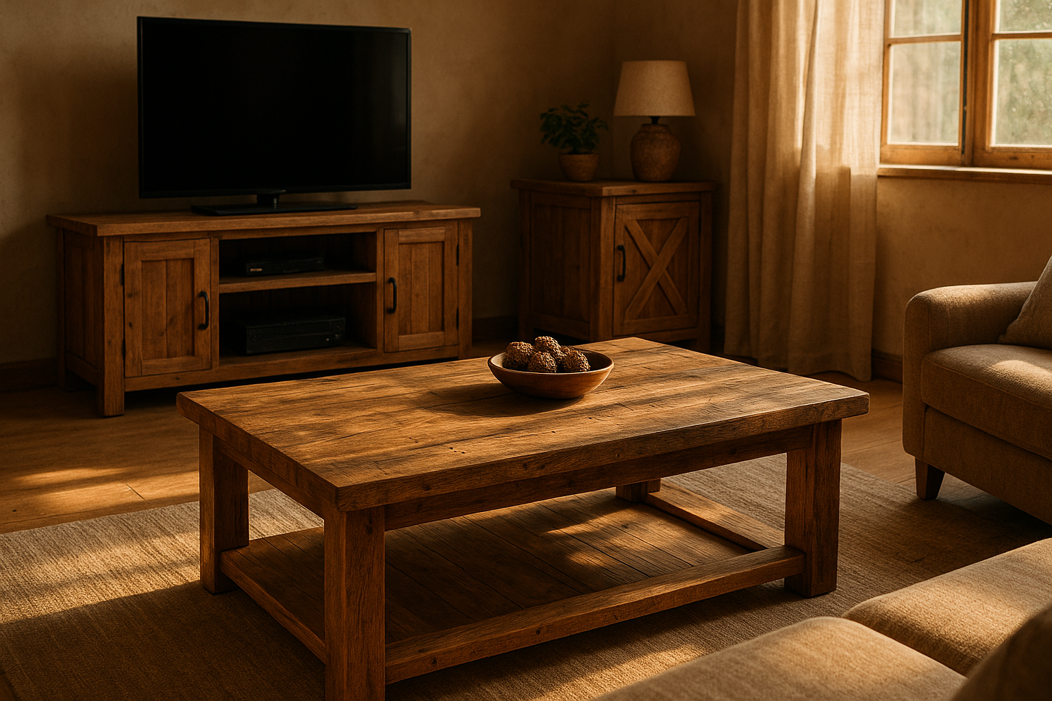 Farmhouse solid wood furniture arranged in a sunlit rustic living room