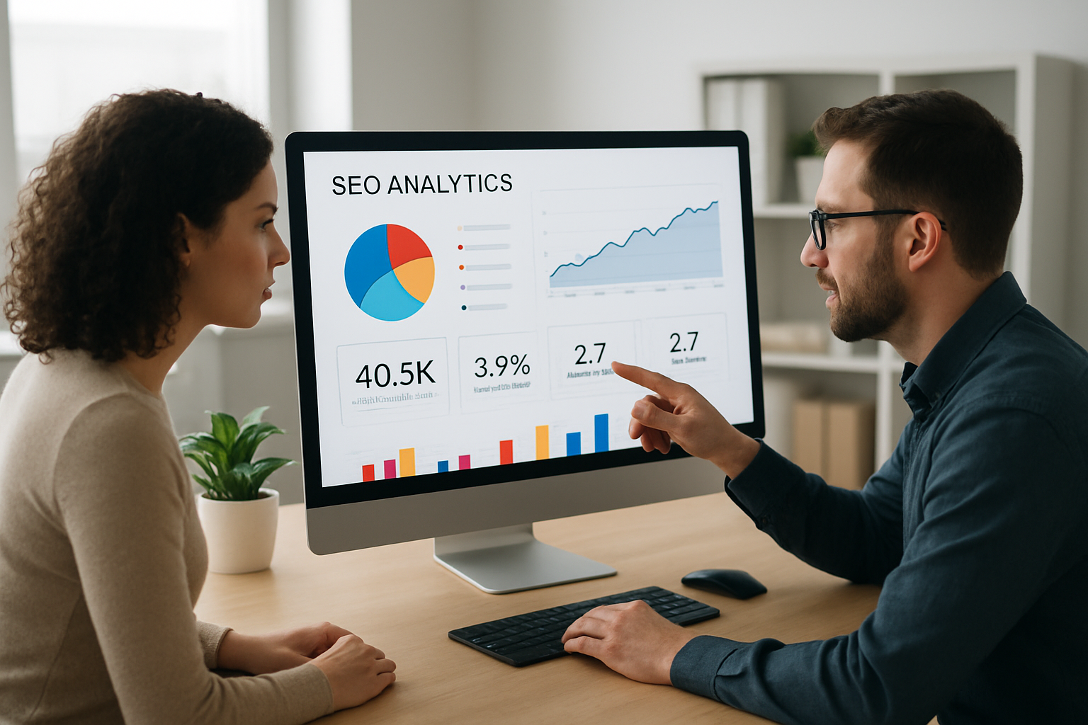 Agency team reviewing seo software for agencies dashboard on a large monitor