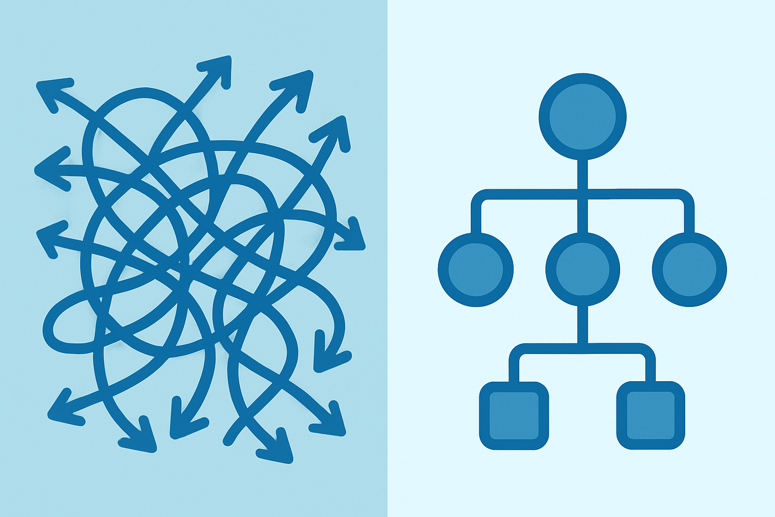 Split-screen comparison showing poor versus well-structured internal link architecture for SEO