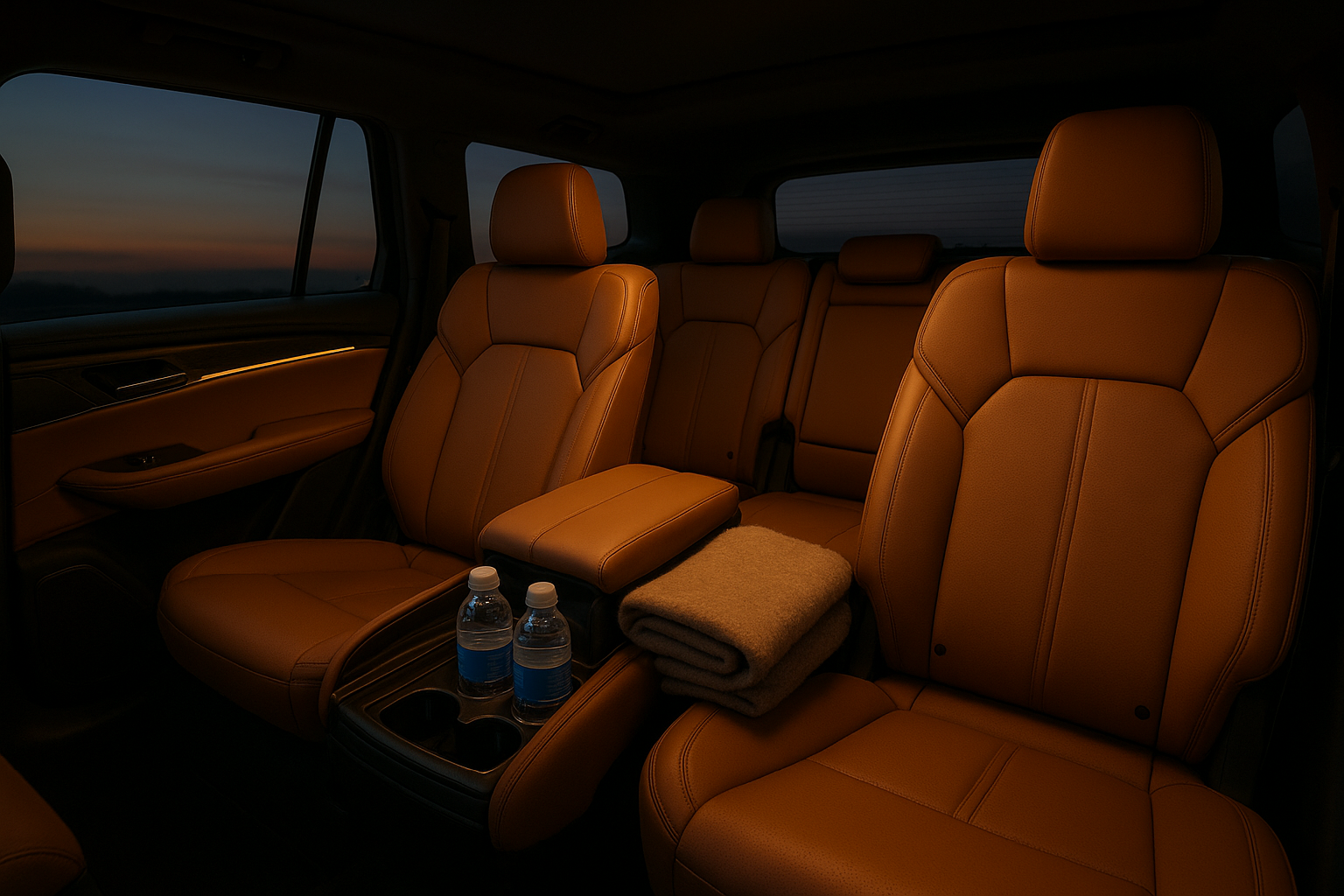 Leather interior of a chauffeured executive SUV prepared for a concert night ride