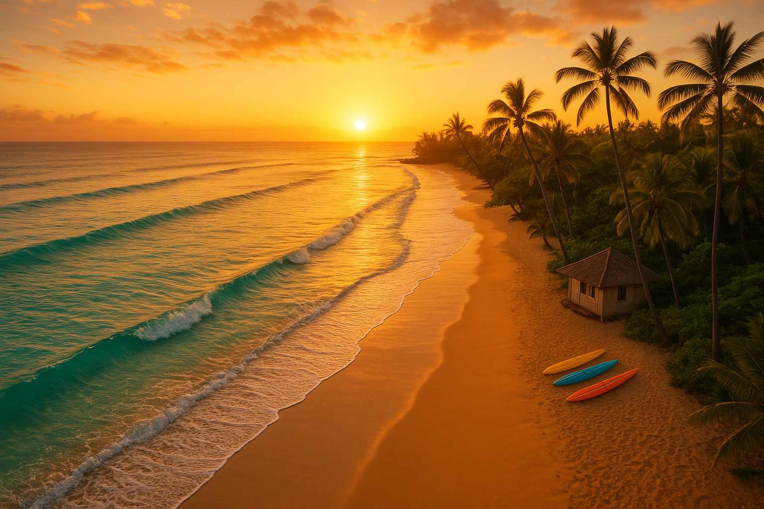 Aerial sunrise view of Waikiki Beach with gentle waves and surfboards on the sand ready for morning surf lessons