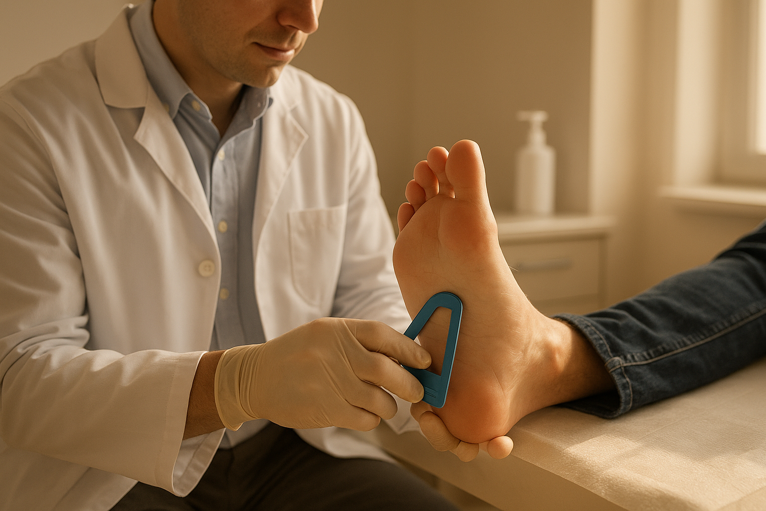 Podiatrist assessing foot arch shape to determine the right full length orthotic fit