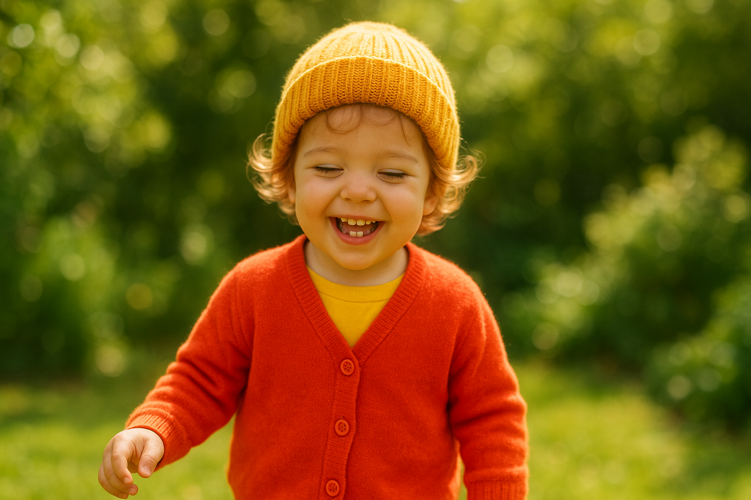 Happy young child wearing a fresh seasonal kids clothing rental outfit in a sunny garden