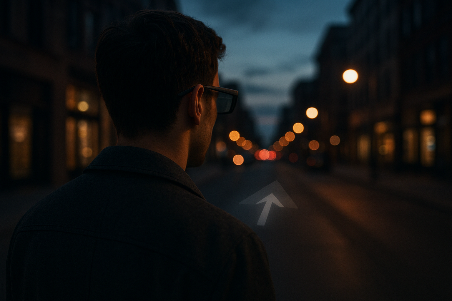 Person wearing augmented reality glasses with a navigation overlay while walking through a city at dusk