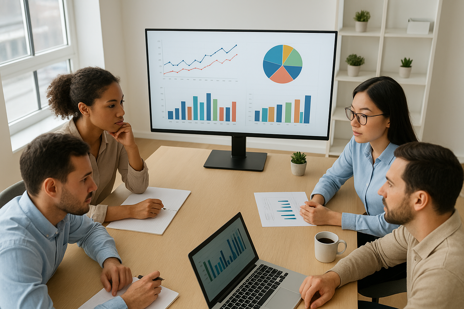 Marketing team reviewing e-commerce SEO analytics on a large monitor
