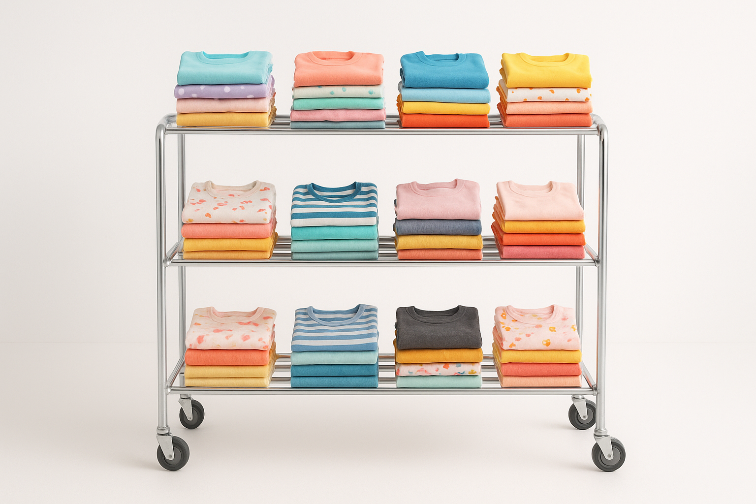 Rolling rack of rotating children's outfits prepared for a clothing swap