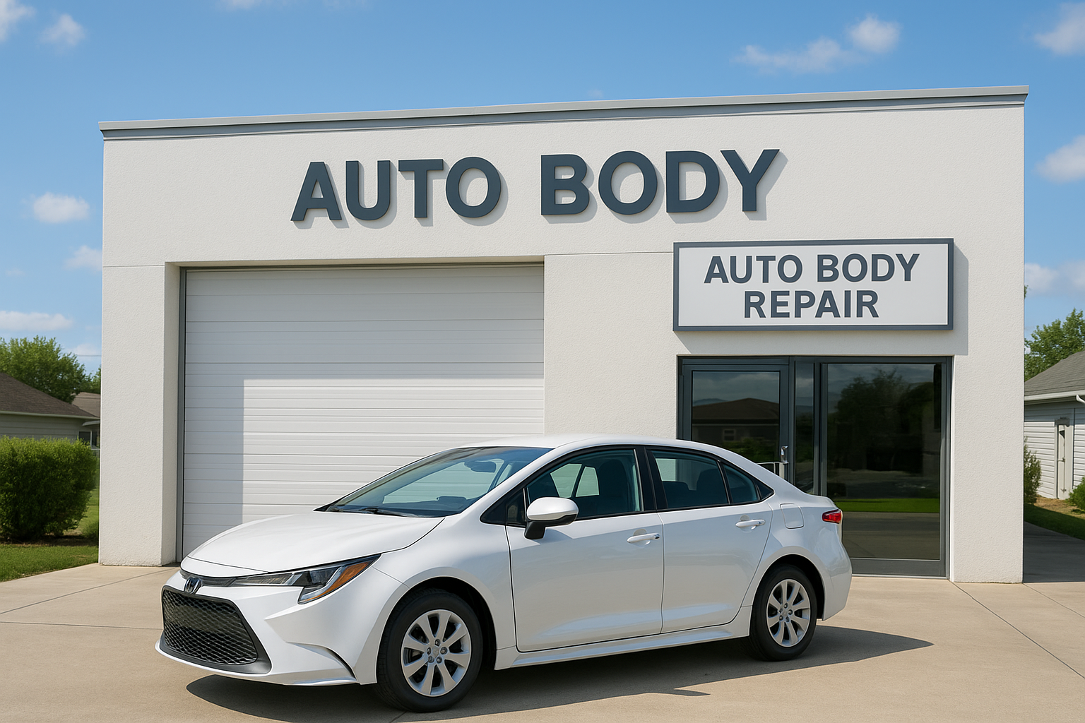 Modern auto body and paint shop exterior with a freshly restored vehicle parked outside