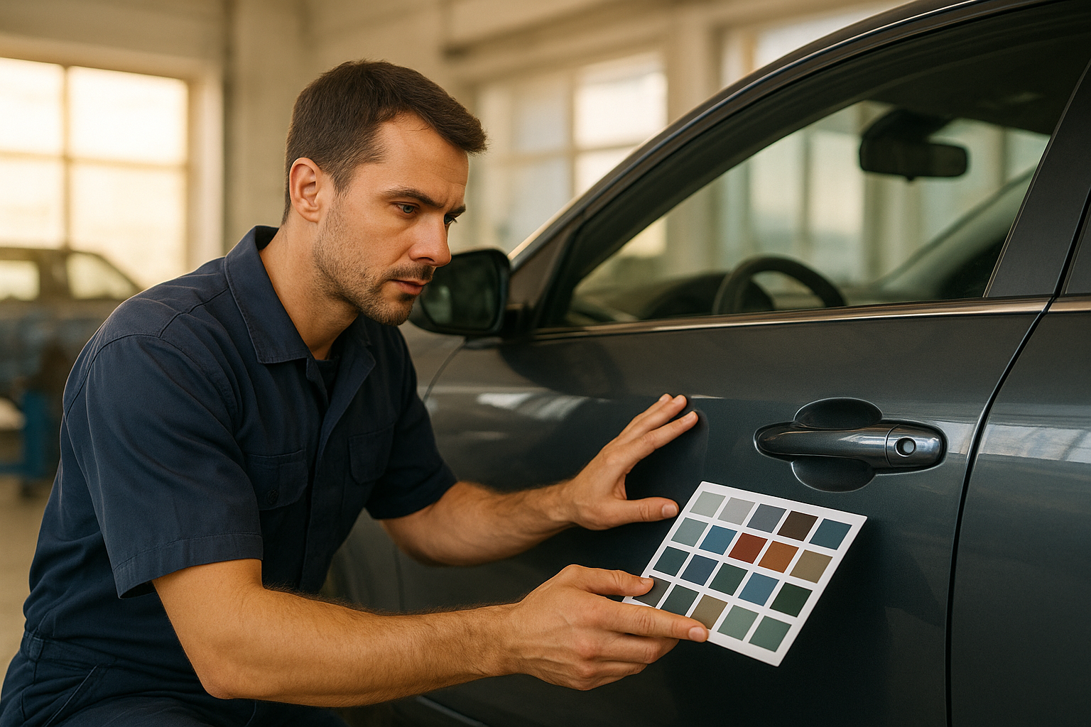 Certified auto body technician inspecting a vehicle panel for paint matching accuracy