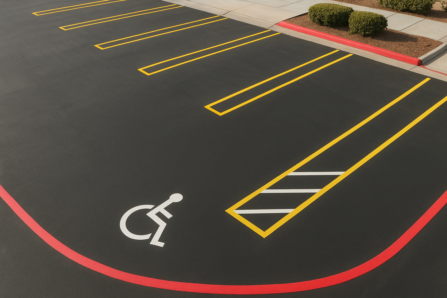 Freshly painted parking bay marking services in a commercial parking lot