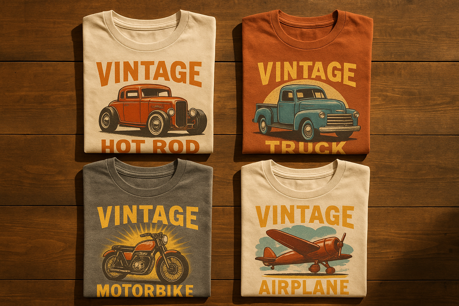 Flat lay of custom kids' graphic tees with vintage vehicle-inspired artwork