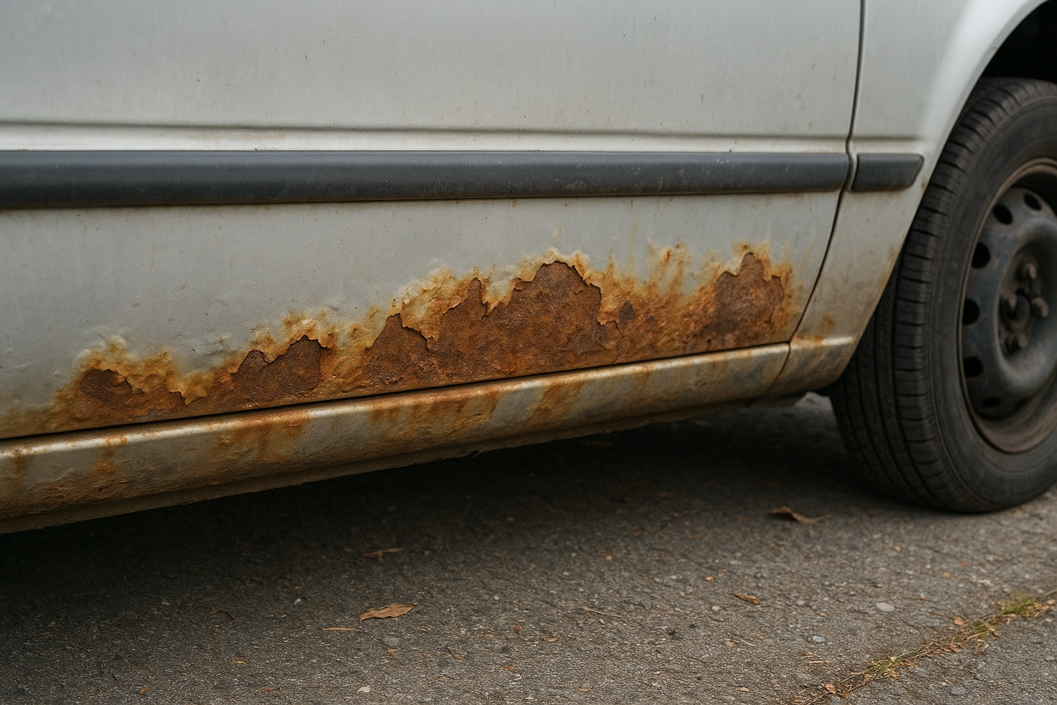 Rust bubbling through paint on a rocker panel showing signs of vehicle corrosion damage