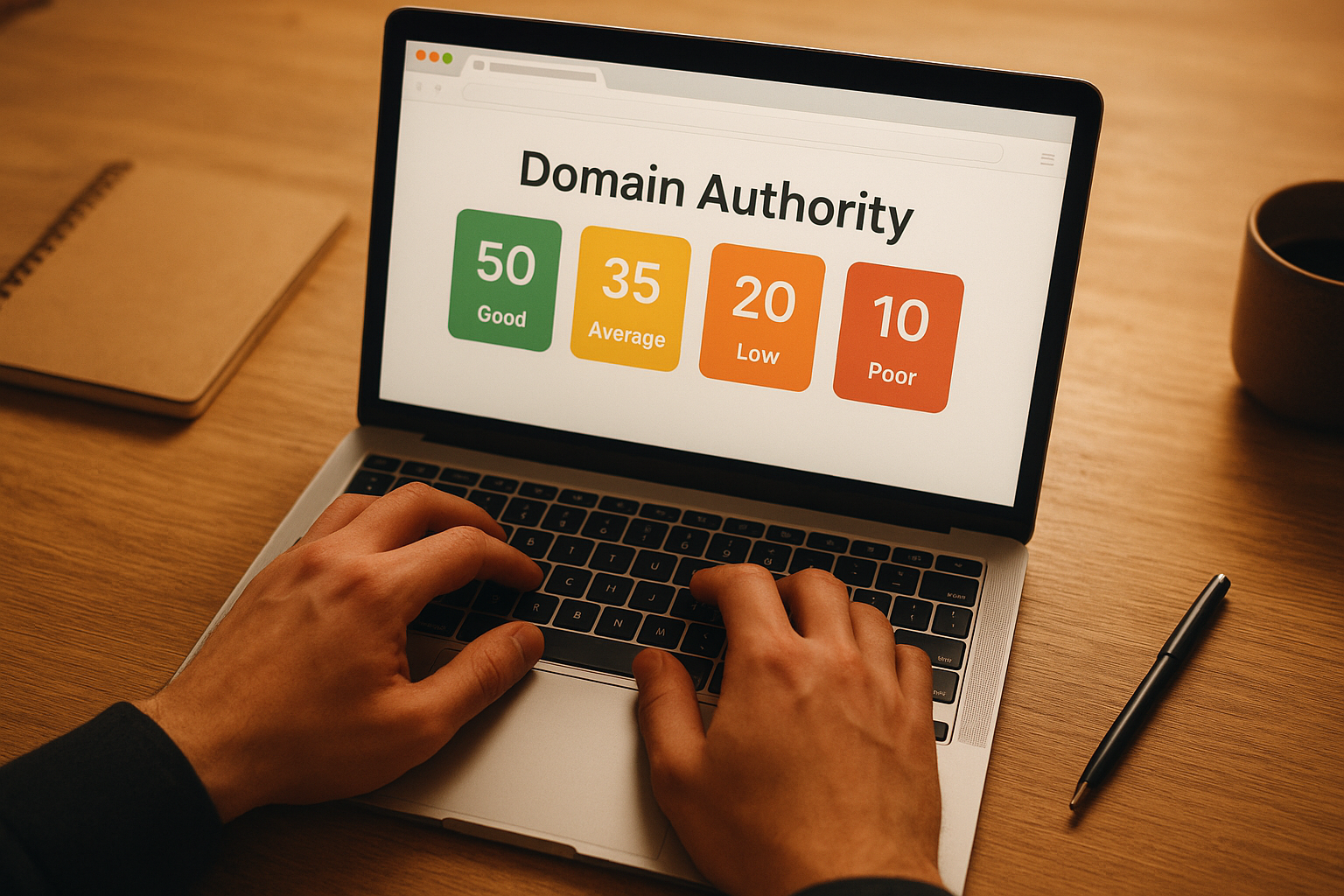 Person using a laptop to run a domain authority check with results visible on screen