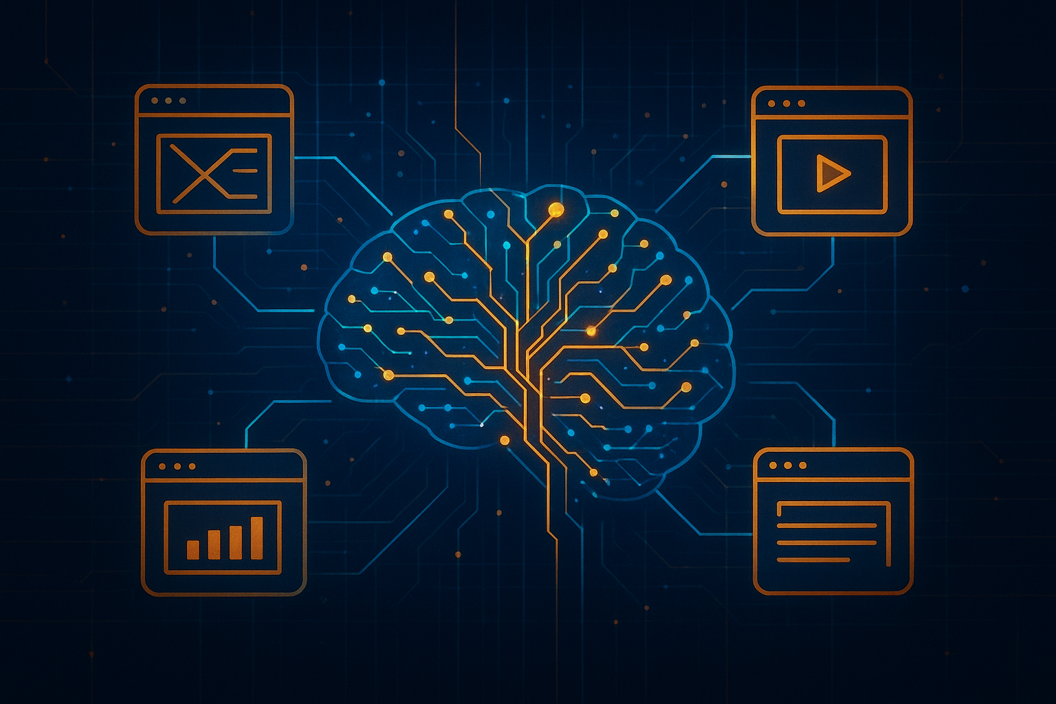 Illustration of AI automation network connecting and optimizing multiple websites