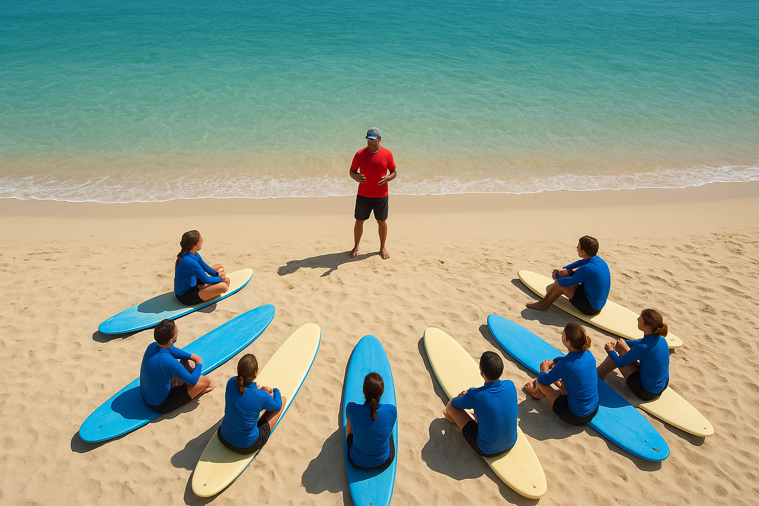 Surf instructor giving safety briefing to a group before a discounted Waikiki surf lesson