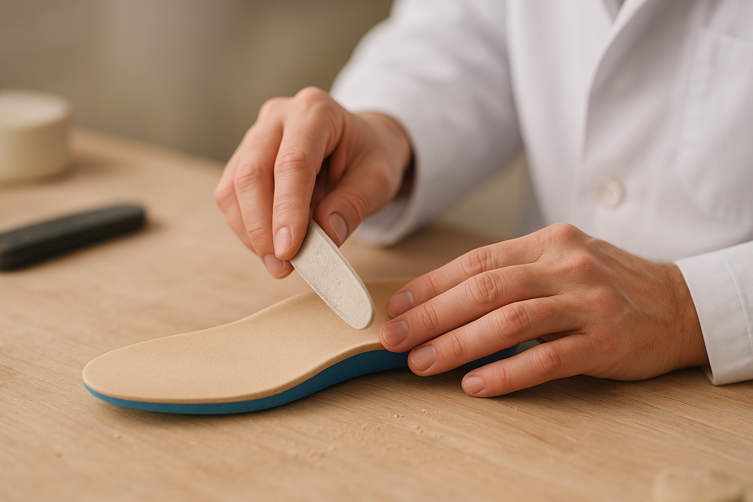 Podiatrist hand-shaping a therapeutic foot orthotic from a patient foot mold