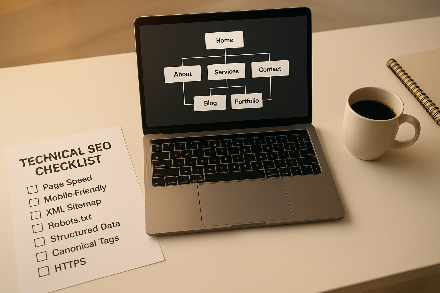 SEO workspace with website structure planning for robots txt optimization