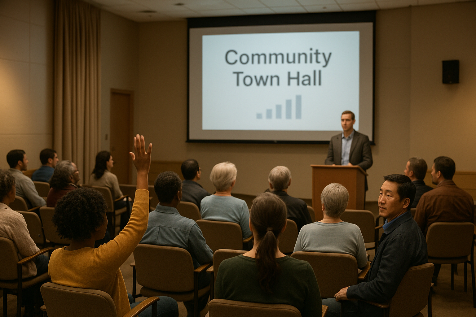 Community members asking questions during a health system town hall about AI implementation