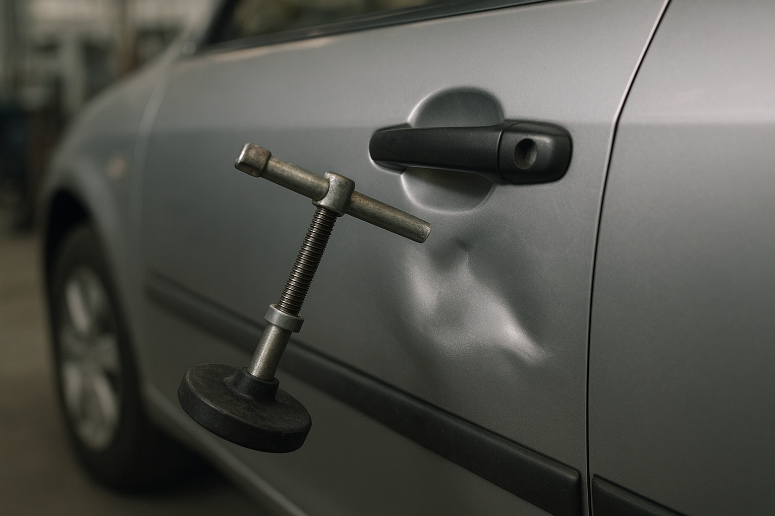 Close-up of paintless dent removal process during auto body work on a car door panel