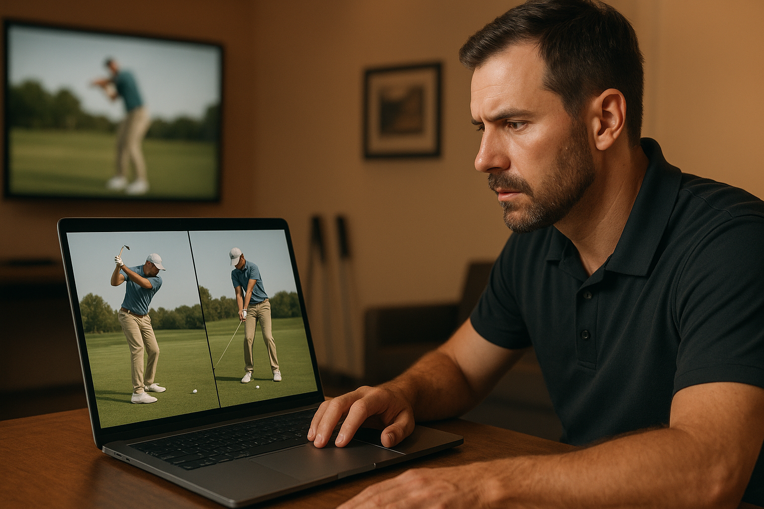 Coach analyzing slow-motion swing footage during a remote biomechanical golf swing coaching session