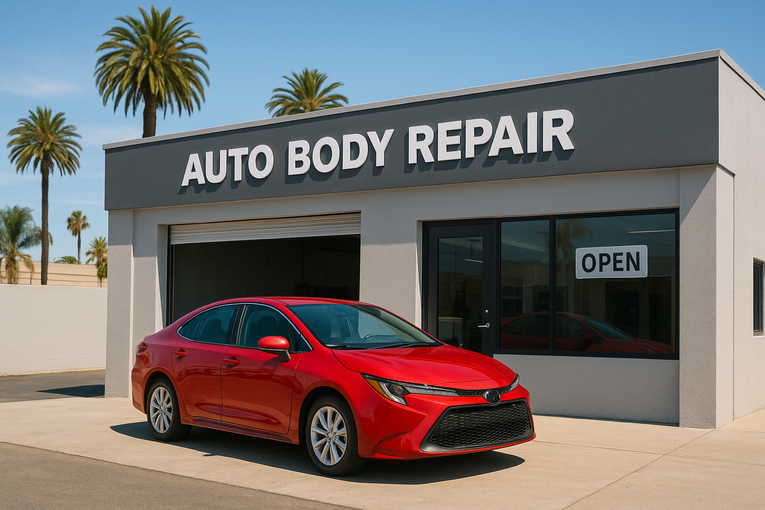 Crash Champions Brea style auto body repair shop exterior in California sunshine