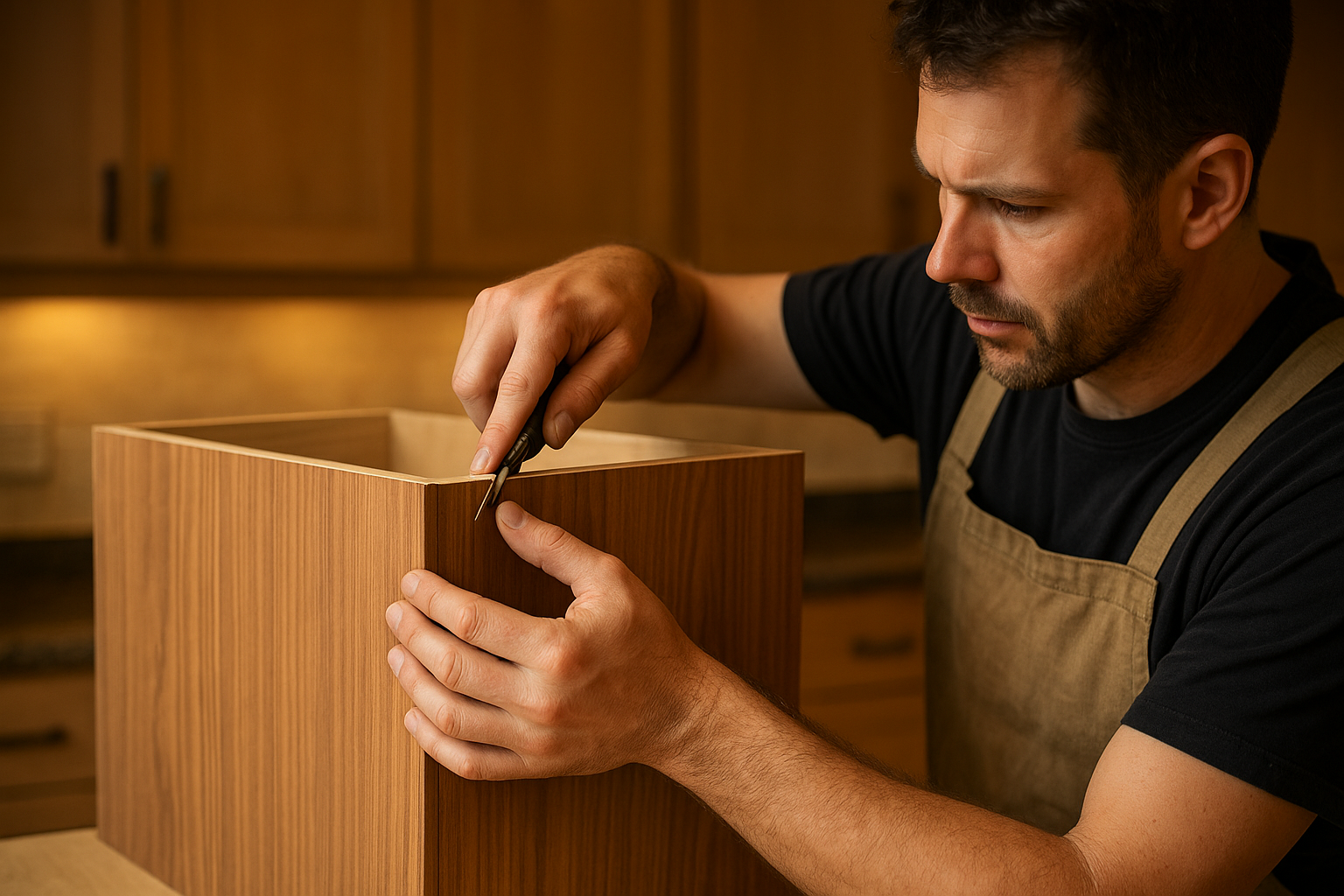 Professional installer applying veneer during a cabinet refacing project for a modern home kitchen