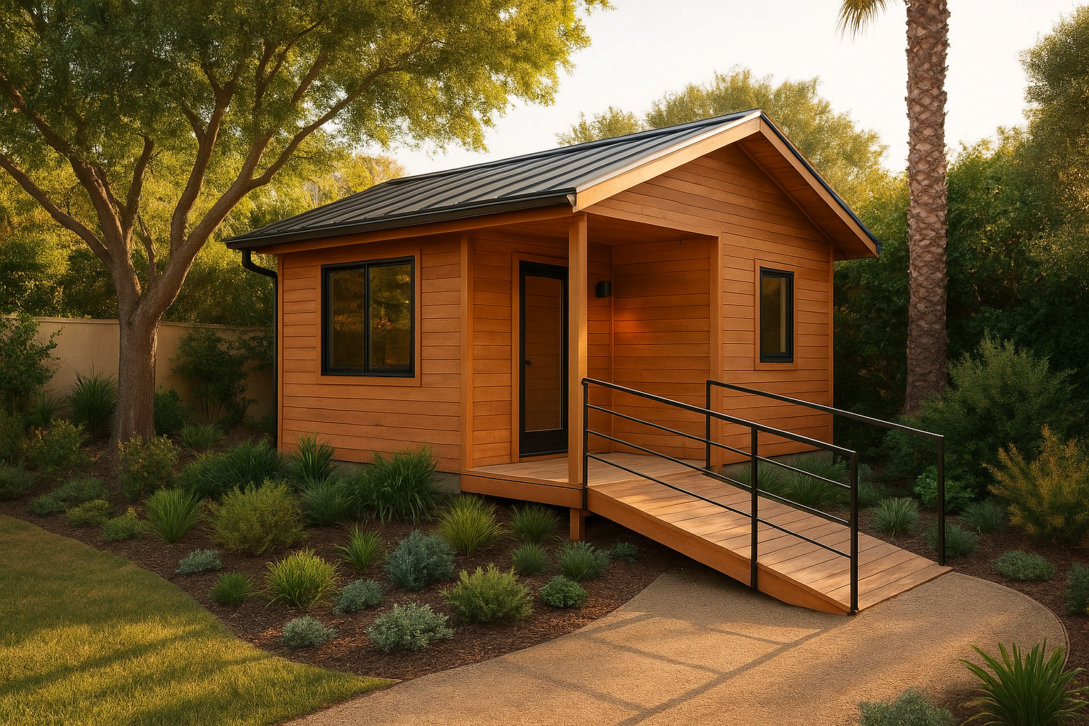 Granny pod backyard cottage with accessible ramp in a Southern California yard
