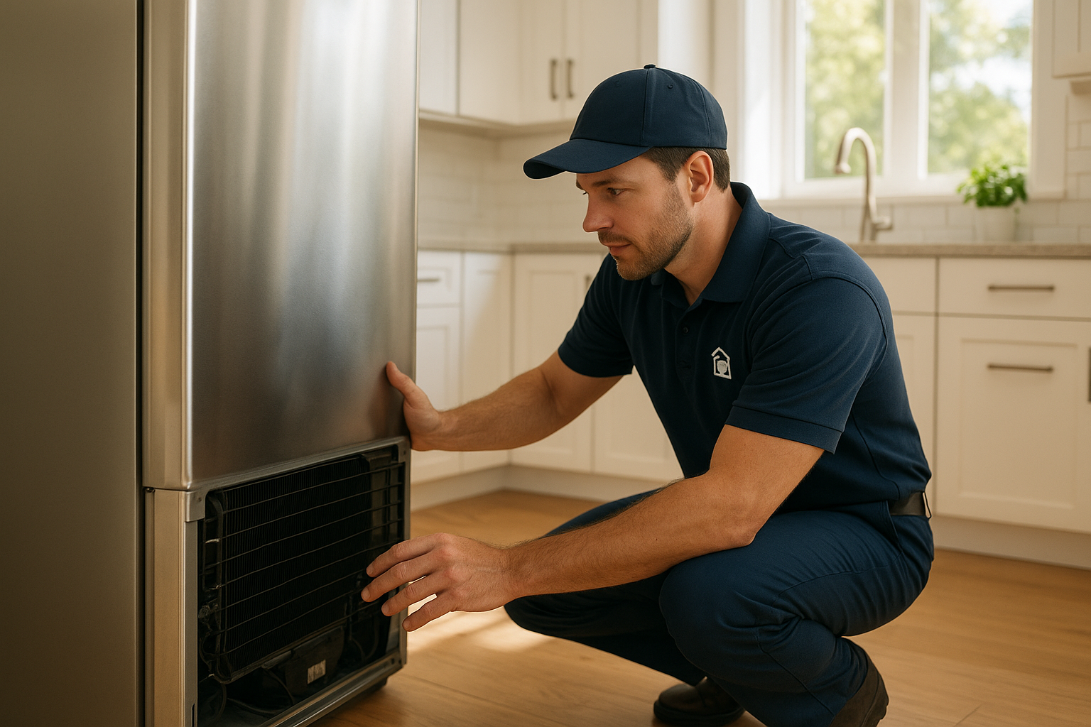 Technician performing quick service appliance repairs on a kitchen refrigerator
